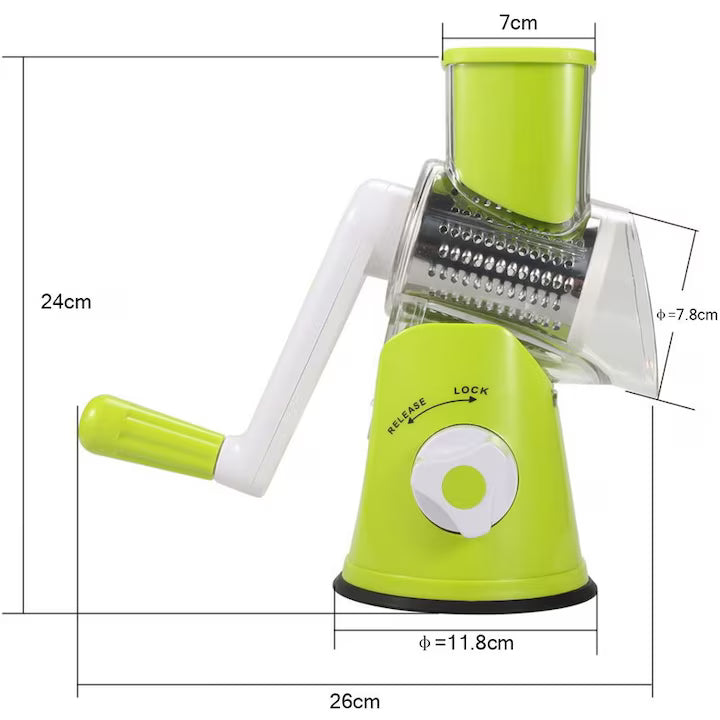 Răzătoare Multifuncțională tip Tambur, 3 Accesorii Inox, Fixare cu Ventuză, Feliază și Răzuiește Rapid