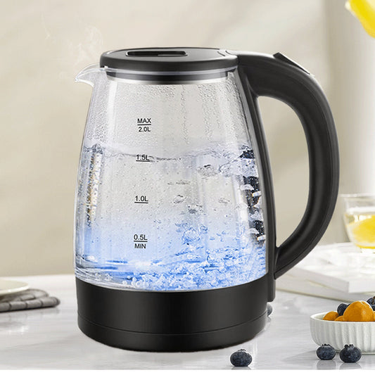 Fierbator electric din sticla Marado 2 litri cu iluminare LED albastra
Cana fierbator apa transparenta din sticla borosilicata 1500W
Baza rotativa si maner ergonomic fierbator electric negru