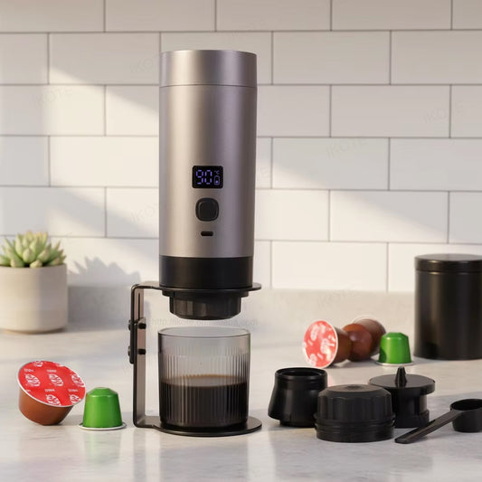 Espressor Portabil 3-în-1, Compatibil Capsule Nespresso/Dolce Gusto și Cafea Măcinată, Ecran Digital Temperatură, 15-19 Bar, Utilizare Acasă/Mașină