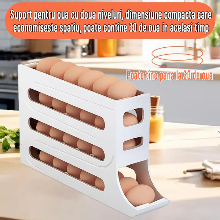 Organizator Vertical pentru Ouă, Dispenser cu 4 Niveluri pentru Frigider, Design Compact cu Auto-Rulare, Capacitate 30 Ouă, Alb/Transparent