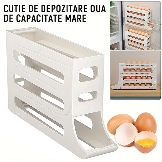 Organizator Vertical pentru Ouă, Dispenser cu 4 Niveluri pentru Frigider, Design Compact cu Auto-Rulare, Capacitate 30 Ouă, Alb/Transparent