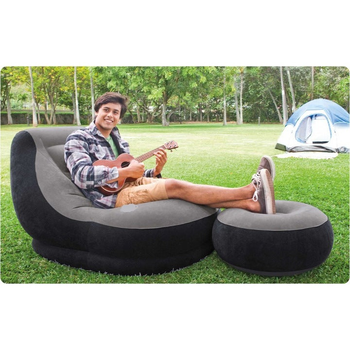 Set Fotoliu Gonflabil cu Taburet Intex Ultra-Lounge, Suprafață Catifelată, Design Ergonomic, 130 x 99 x 76 cm, Gri/Negru