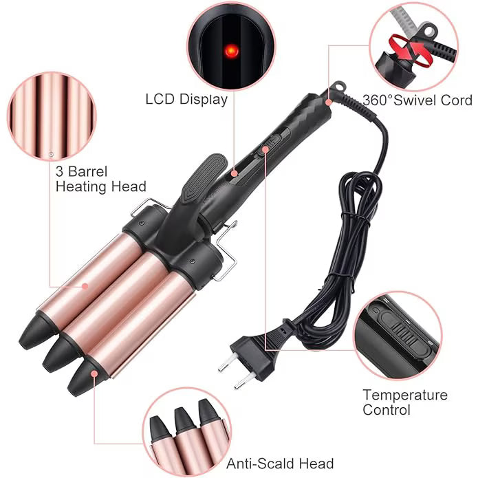 Ondulator Profesional cu 3 Elemenți Ceramici, Retro Waves, Temperatură Reglabilă 170-220°C