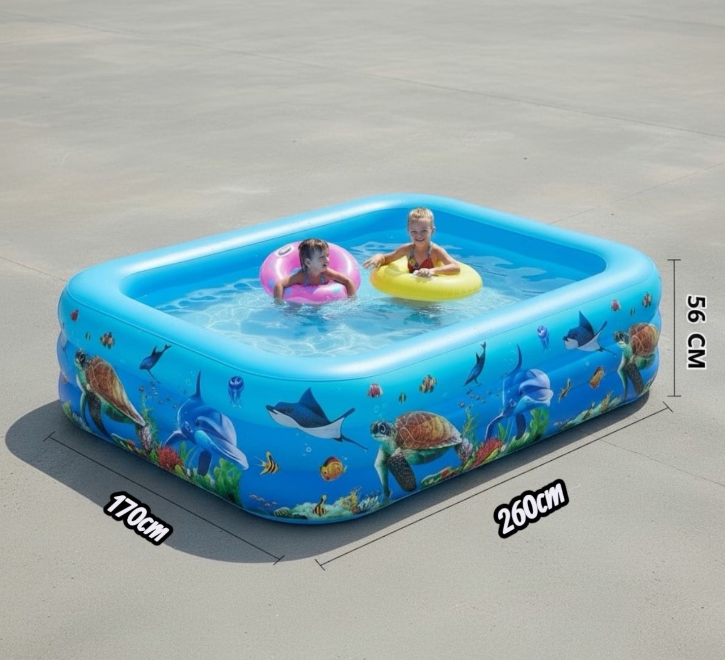 Piscină gonflabilă mare 260x170x56 cm pentru copii, model marin, dreptunghiulară, albastră, 3 dimensiuni