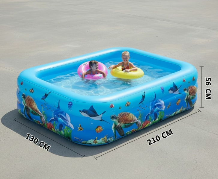 Piscină gonflabilă mare 260x170x56 cm pentru copii, model marin, dreptunghiulară, albastră, 3 dimensiuni