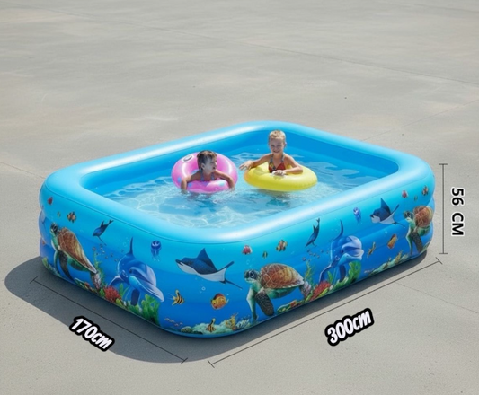 Piscină gonflabilă mare 260x170x56 cm pentru copii, model marin, dreptunghiulară, albastră, 3 dimensiuni