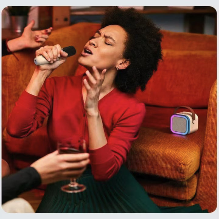 Sistem Karaoke Portabil cu Boxă Bluetooth și 2 Microfoane Wireless, Sunet Premium, Lumini RGB, compatibil iOS/Android
