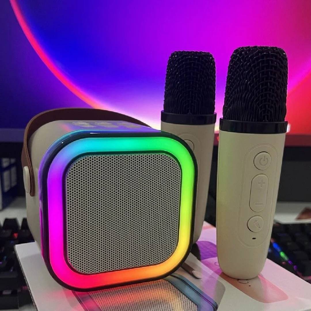 Sistem Karaoke Portabil cu Boxă Bluetooth și 2 Microfoane Wireless, Sunet Premium, Lumini RGB, compatibil iOS/Android