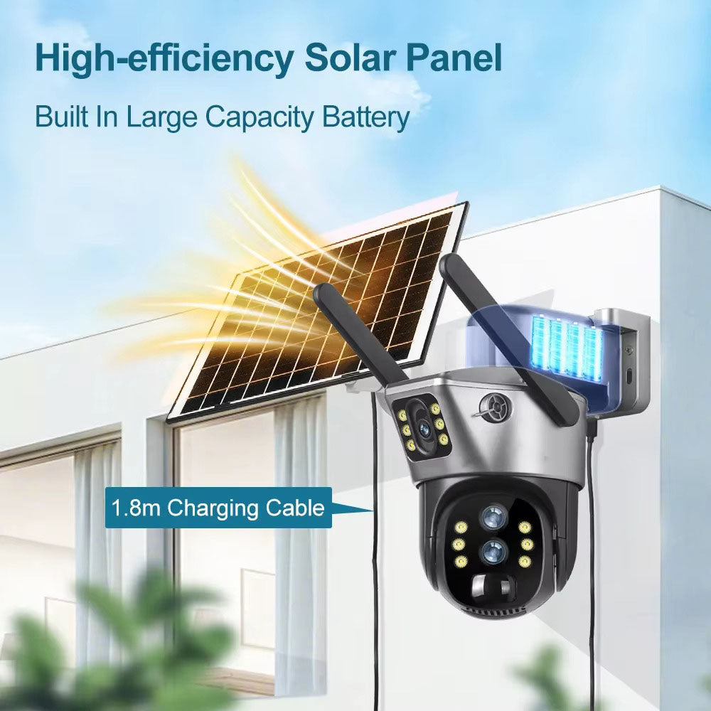 Cameră Supraveghere 4G LTE cu Panou Solar, Trei Lentile, Zoom Optic 10X, 8MP (4MP+4MP), Aplicație V380 Pro