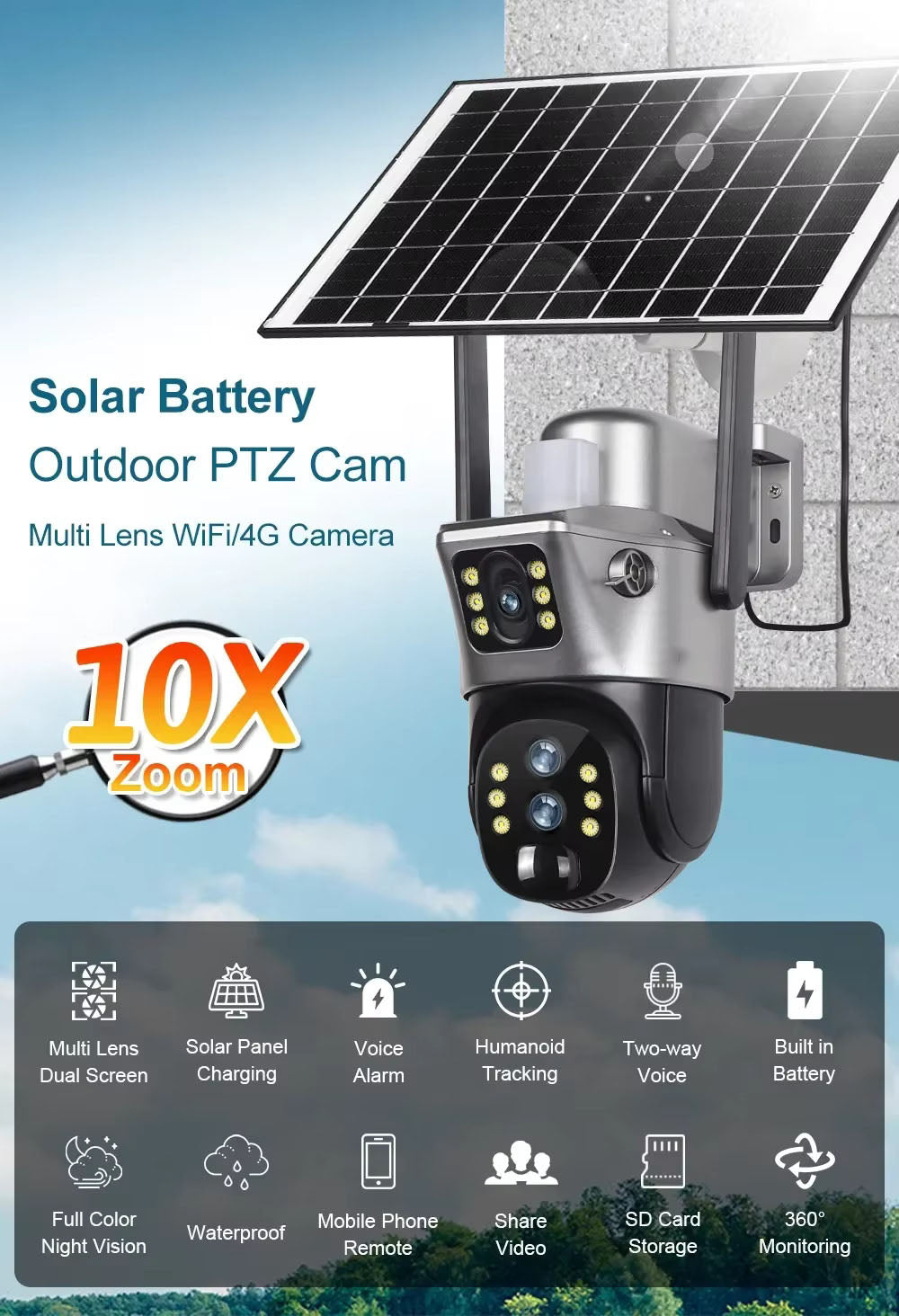 Cameră Supraveghere 4G LTE cu Panou Solar, Trei Lentile, Zoom Optic 10X, 8MP (4MP+4MP), Aplicație V380 Pro