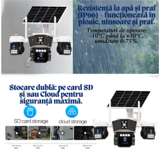 Sistem Supraveghere Profesional WI-FI cu 3 Camere - Panou Solar 23.5x17cm, Slot SIM, Detectare Umană PIR și Vedere Nocturnă Color