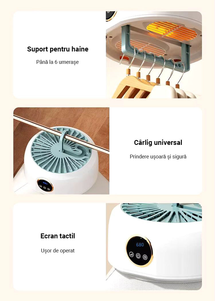 Uscător de Rufe Portabil Inteligent, Pliabil, Circulație Aer 360°, Capacitate 10kg, Ecran Tactil