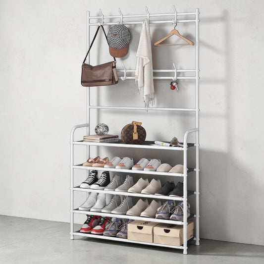 Cuier Multifuncțional Slim, 170 x 60 cm, Alb – 5 Rafturi Pantofi, Bară Haine și Cârlige Accesorii