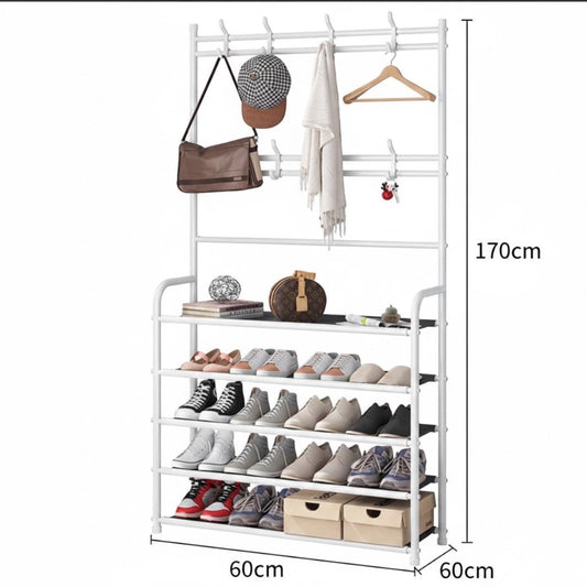 Cuier Multifuncțional Slim, 170 x 60 cm, Alb – 5 Rafturi Pantofi, Bară Haine și Cârlige Accesorii