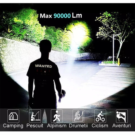Lanternă Proiector Profesională W5120, LED High-Power 1000m, Trepied Inclus, Funcție Power Bank, USB