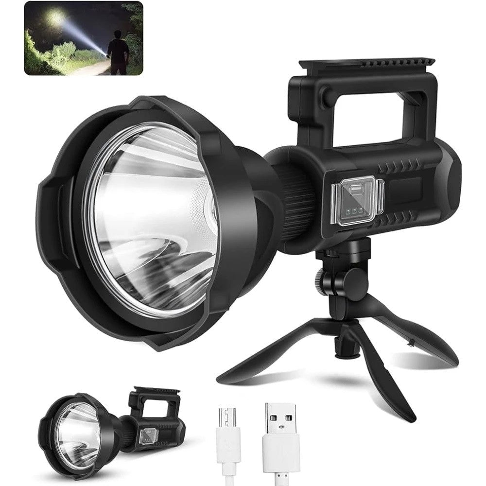 Lanternă Proiector Profesională W5120, LED High-Power 1000m, Trepied Inclus, Funcție Power Bank, USB