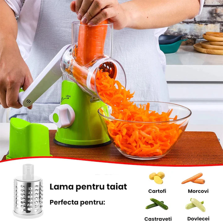 Răzătoare Multifuncțională tip Tambur, 3 Accesorii Inox, Fixare cu Ventuză, Feliază și Răzuiește Rapid