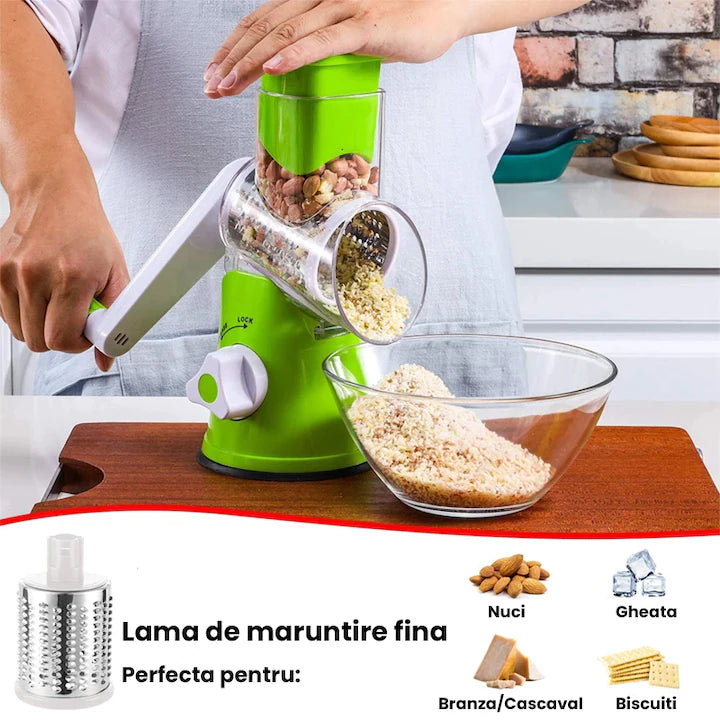 Răzătoare Multifuncțională tip Tambur, 3 Accesorii Inox, Fixare cu Ventuză, Feliază și Răzuiește Rapid