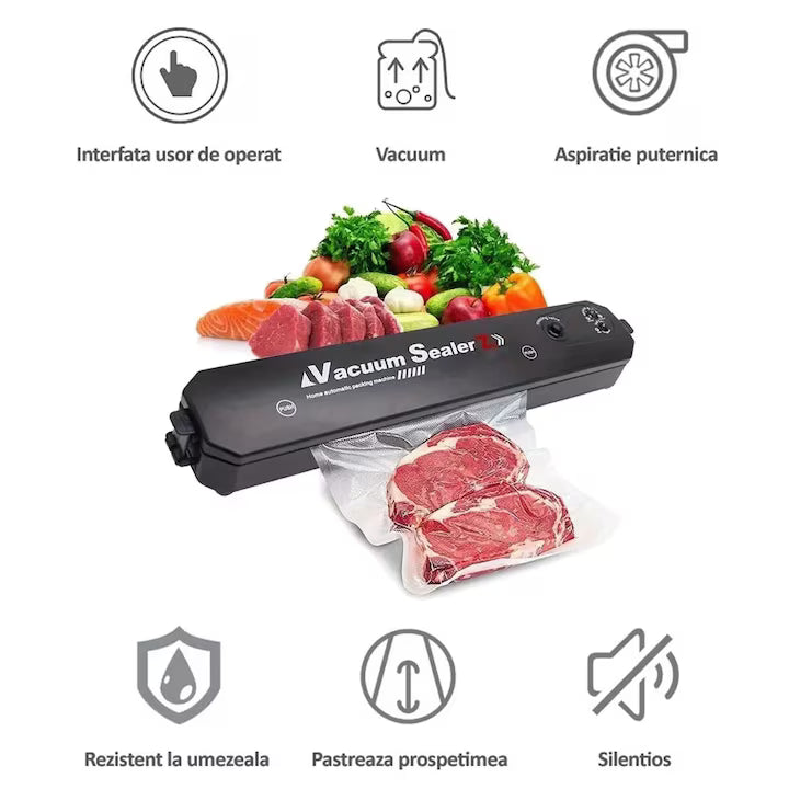 Aparat de Vidat Alimente Vacuum Sealer, Automat, Funcție de Sigilare și Vidare, Include Set Pungi, Negru