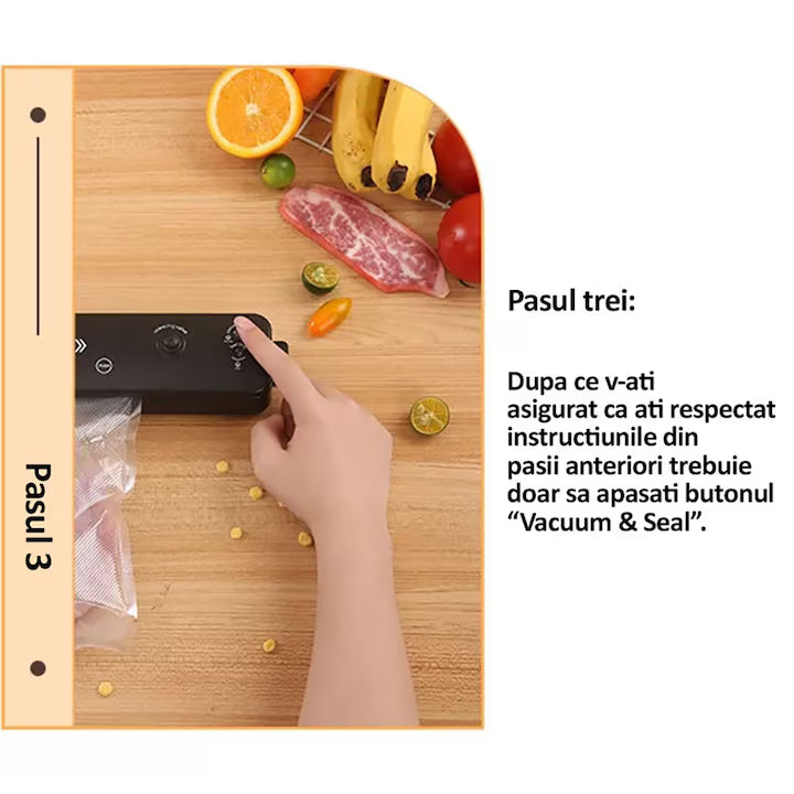 Aparat de Vidat Alimente Vacuum Sealer, Automat, Funcție de Sigilare și Vidare, Include Set Pungi, Negru