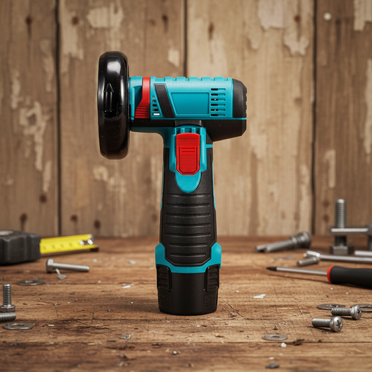 Blue and black cordless drill on a wooden surface with tools in the background