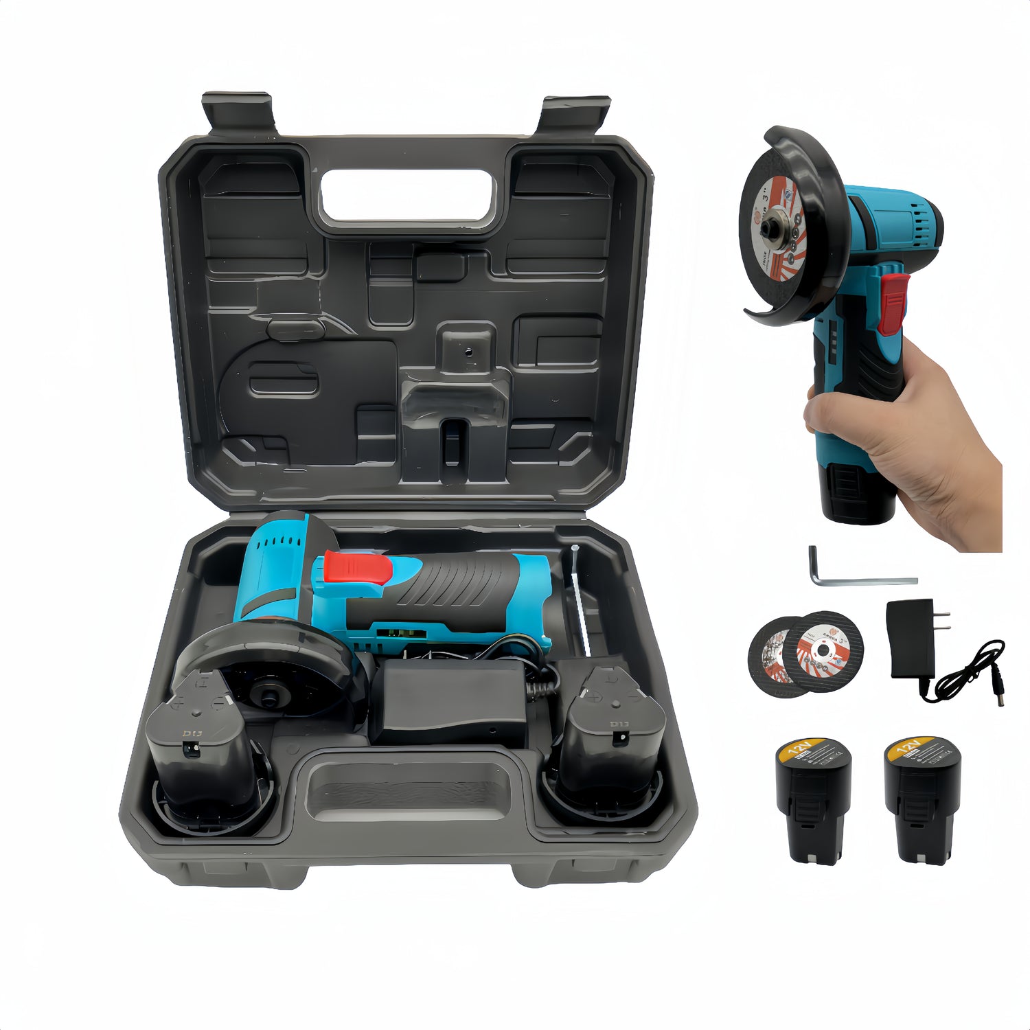 Portable power tool set with case, drill, attachments, and charger on a white background