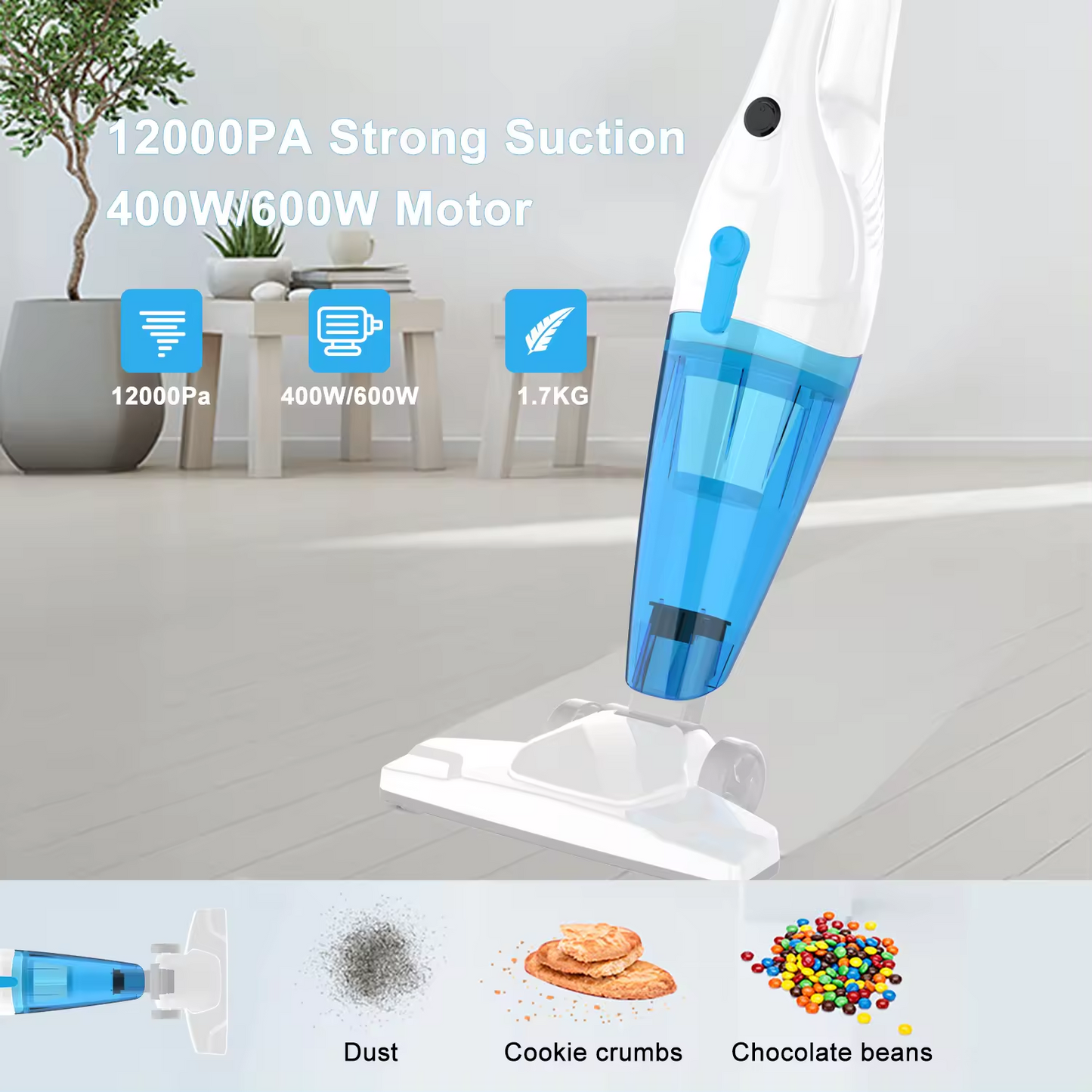 Aspirator Vertical 2-în-1 cu Fir, Putere 800W, Filtru HEPA Lavabil, Utilizare de Mână și Podea