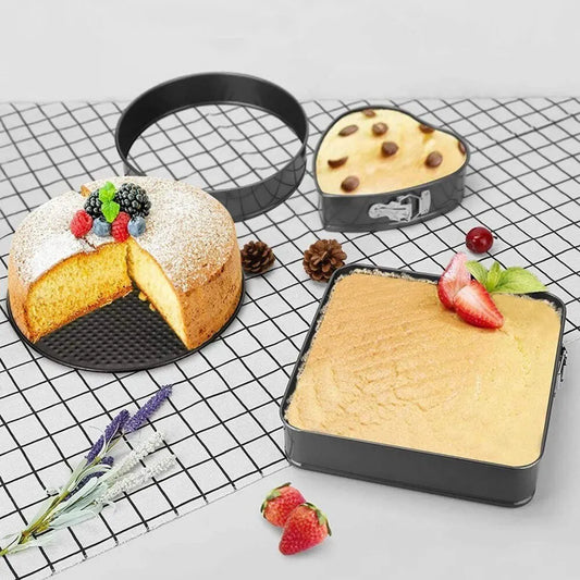 Set 3 Forme pentru Copt Tort și Prăjituri, Inimă, Rotund și Pătrat, Fund Detașabil, Antiaderente