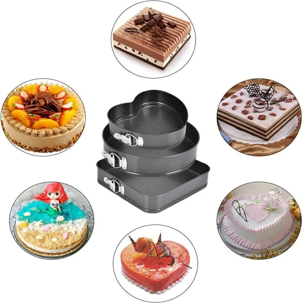 Set 3 Forme pentru Copt Tort și Prăjituri, Inimă, Rotund și Pătrat, Fund Detașabil, Antiaderente