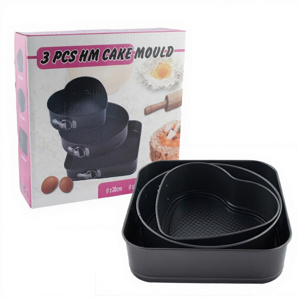 Set 3 Forme pentru Copt Tort și Prăjituri, Inimă, Rotund și Pătrat, Fund Detașabil, Antiaderente