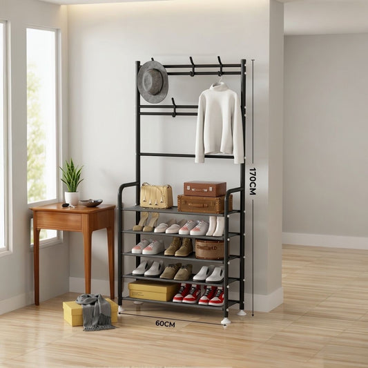 Cuier Multifuncțional Slim, 170 x 60 cm, Negru Mat – 5 Rafturi Pantofi, Bară Haine și Stil Industrial