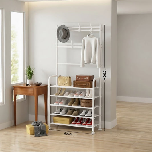 Sistem Organizare Hol Slim XXL, 170 x 60 cm, Alb – Cuier Multifuncțional cu 5 Rafturi Pantofi