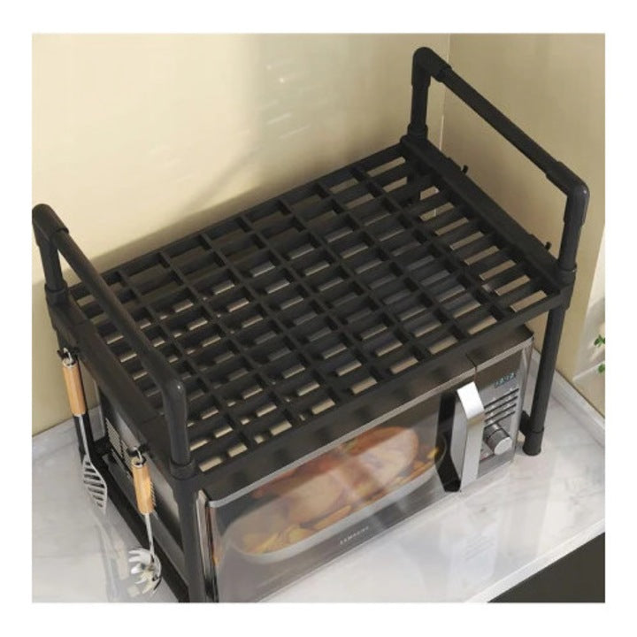 Raft Organizator Multifuncțional pentru Bucătărie, Suport Supraetajat Cuptor Microunde, Metalic, cu Cârlige Laterale