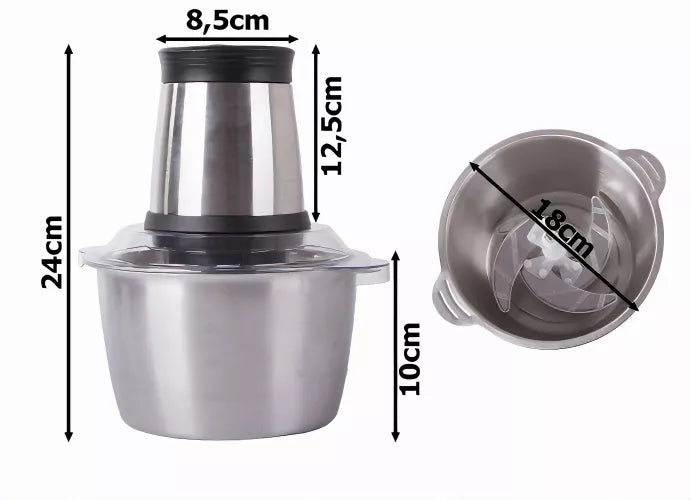 Chopper electric multifunctional din inox cu capacitate de 2 litri

Robot de bucatarie compact pentru tocat carne si legume

Detaliu motor inox si butoane de control chopper electric