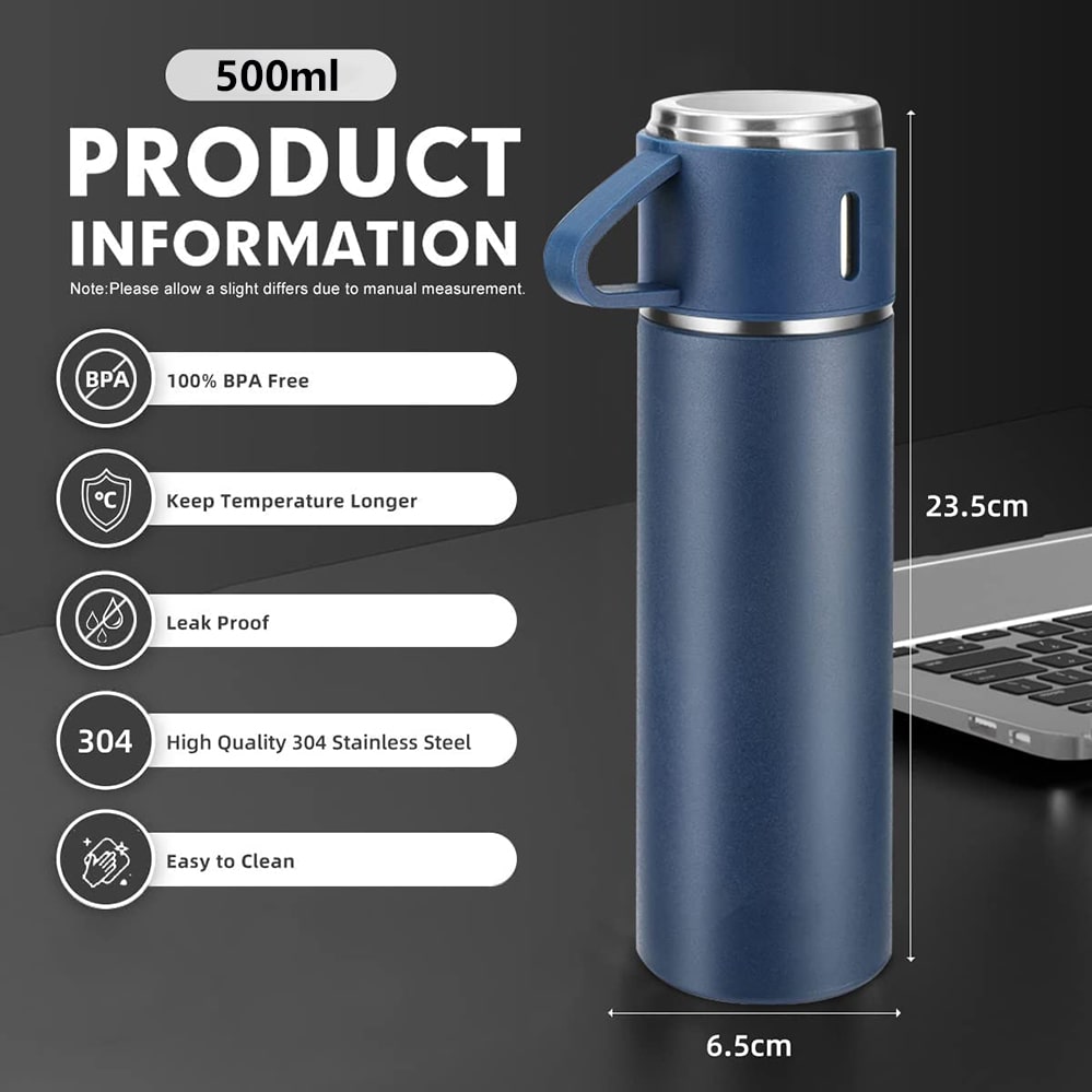 Set cadou termos albastru mat 500ml cu 3 cani premium

Termos otel inoxidabil cu perete dublu si izolatie vacuum

Cutie cadou eleganta neagra pentru set termos si cani