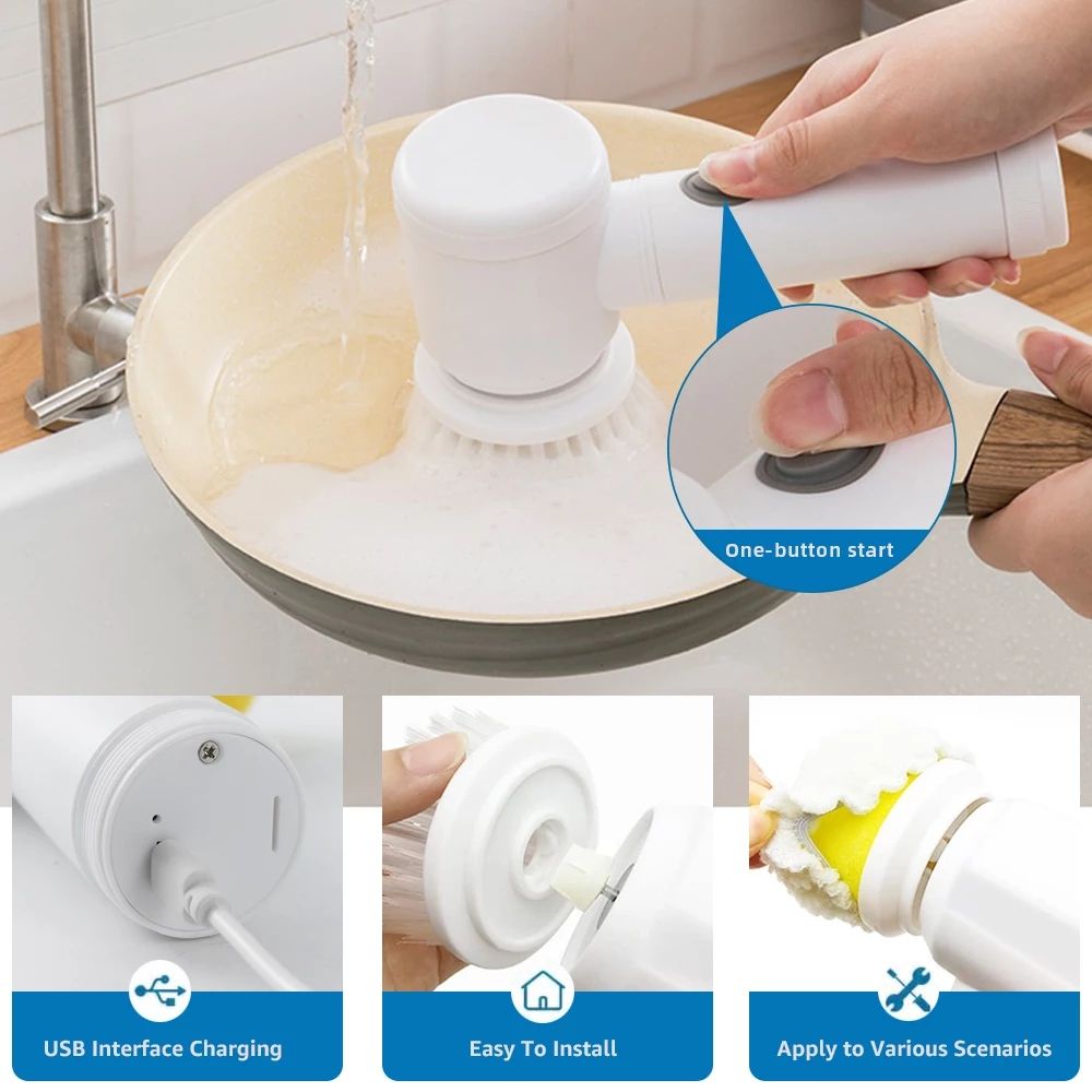 Perie Electrică de Curățare 5 în 1 Magic Brush, Reîncărcabilă USB, pentru Baie și Bucătărie