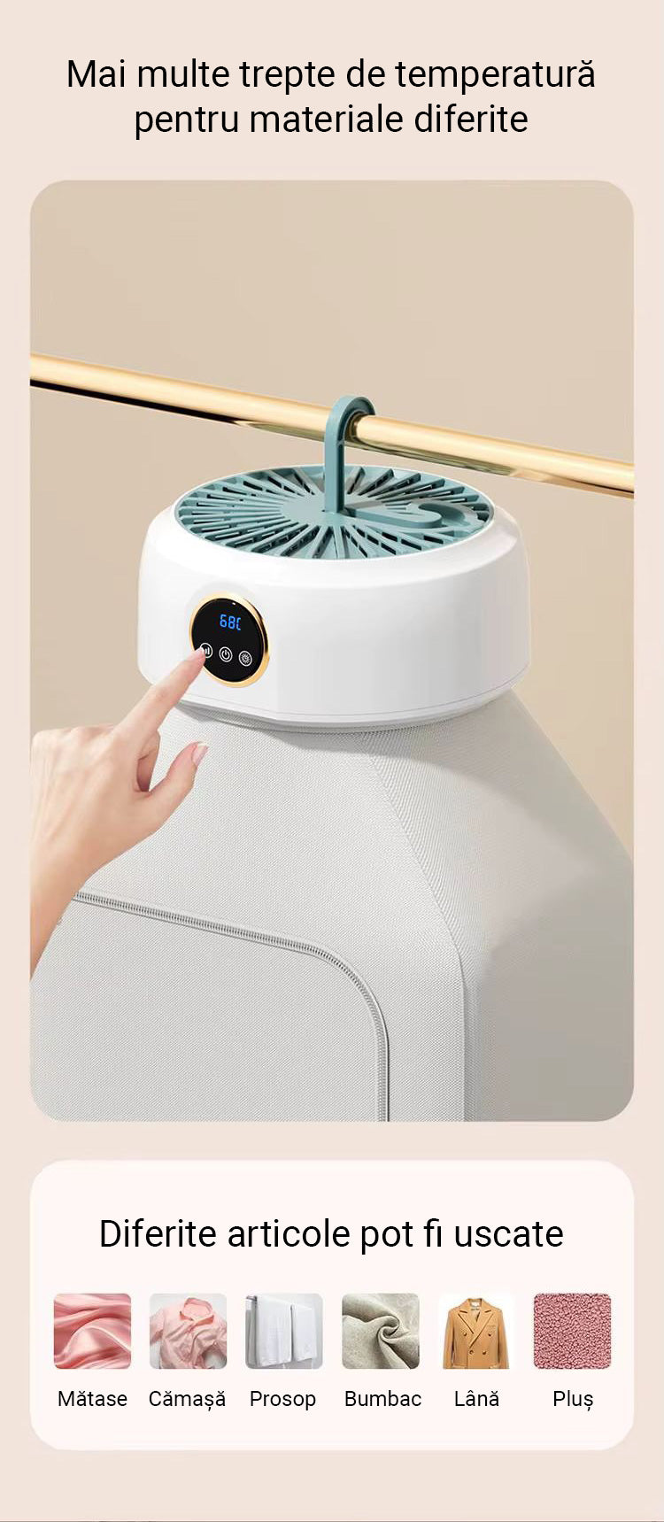 Uscător de Rufe Portabil Inteligent, Pliabil, Circulație Aer 360°, Capacitate 10kg, Ecran Tactil