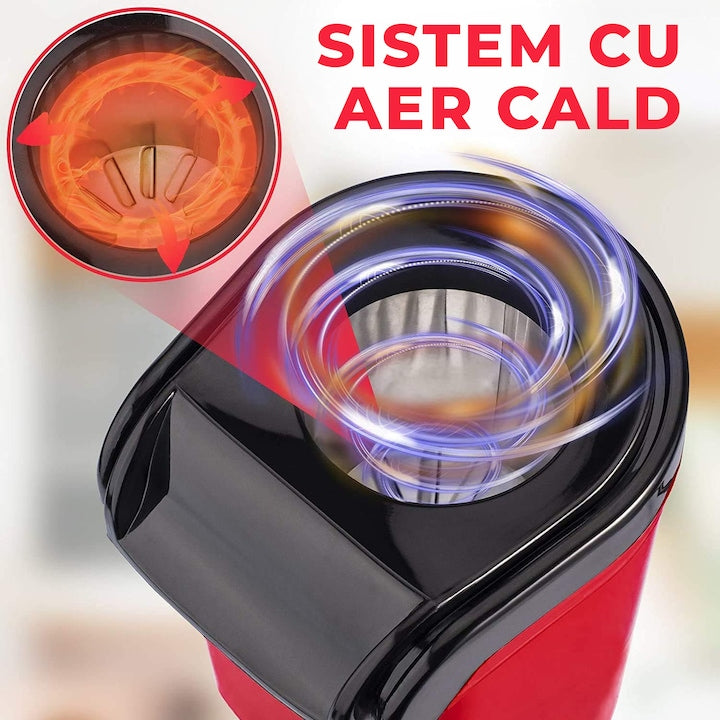 Mașină de Popcorn Profesională, 1200W, Preparare cu Aer Cald fără Ulei, Gata în 2 minute, Design Compact