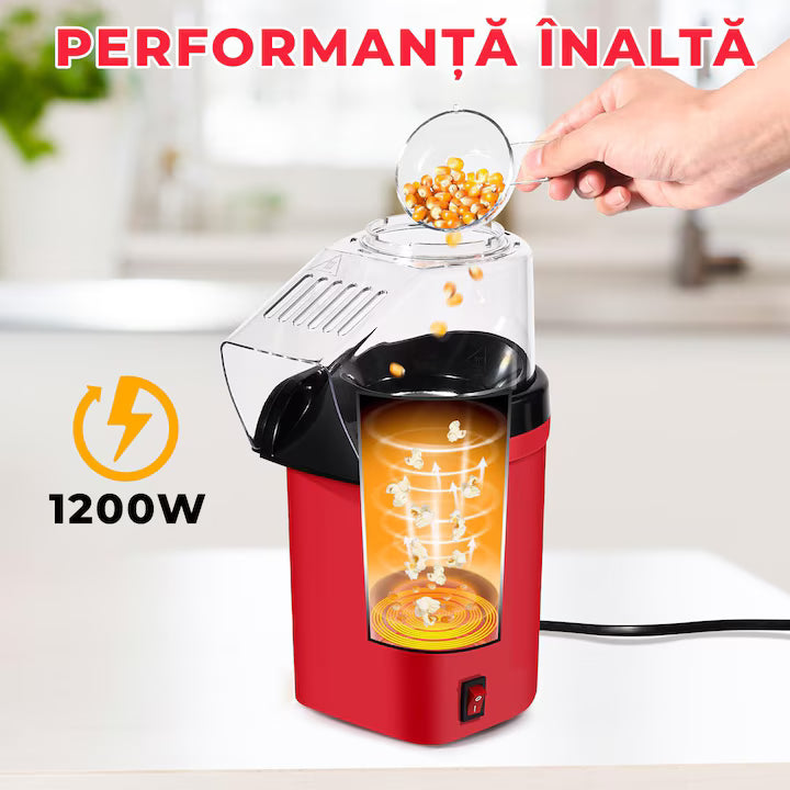 Mașină de Popcorn Profesională, 1200W, Preparare cu Aer Cald fără Ulei, Gata în 2 minute, Design Compact