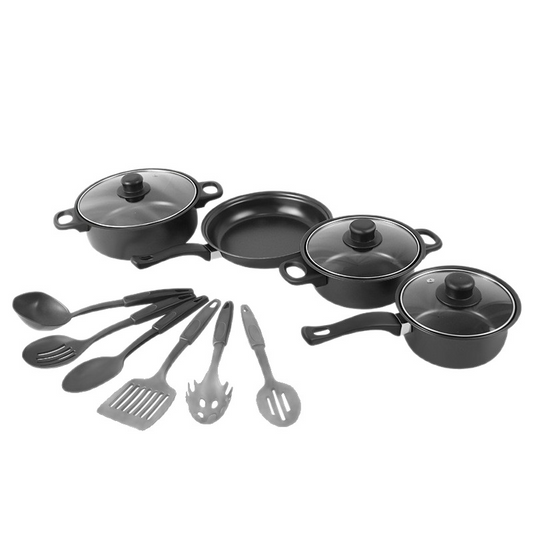 Set Vase de Gătit 13 Piese, Înveliș Antiaderent (Non-Stick), Capace din Sticlă Termorezistentă, Mânere Ergonomice, Include Set Ustensile, Negru
