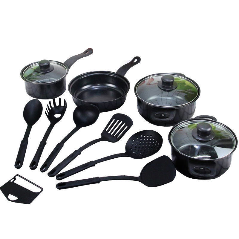 Set Vase de Gătit 13 Piese, Înveliș Antiaderent (Non-Stick), Capace din Sticlă Termorezistentă, Mânere Ergonomice, Include Set Ustensile, Negru