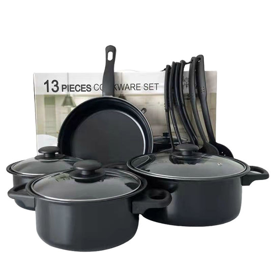 Set Vase de Gătit 13 Piese, Înveliș Antiaderent (Non-Stick), Capace din Sticlă Termorezistentă, Mânere Ergonomice, Include Set Ustensile, Negru