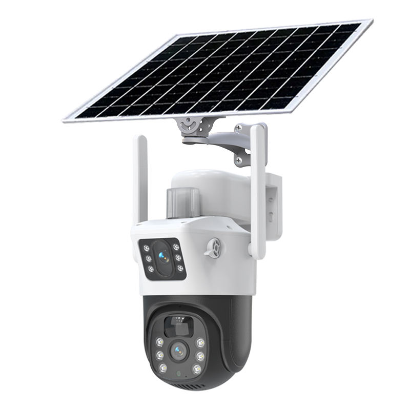 Cameră de Supraveghere Duală 4G cu Slot Cartelă SIM, 4K Ultra HD, Exterior, Rotativă PTZ, Vedere Nocturnă Color și Comunicare Bidirecțională