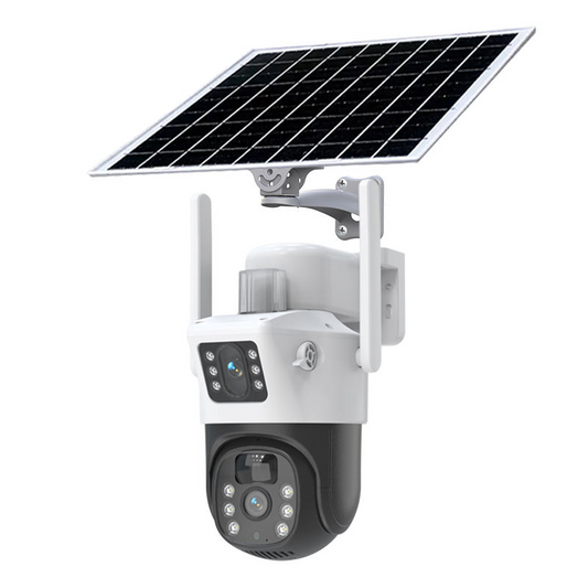 Cameră de Supraveghere Duală 4G cu Slot Cartelă SIM, 4K Ultra HD, Exterior, Rotativă PTZ, Vedere Nocturnă Color și Comunicare Bidirecțională