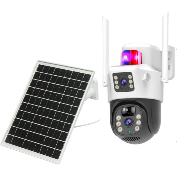 Cameră de Supraveghere Duală 4G cu Slot Cartelă SIM, 4K Ultra HD, Exterior, Rotativă PTZ, Vedere Nocturnă Color și Comunicare Bidirecțională