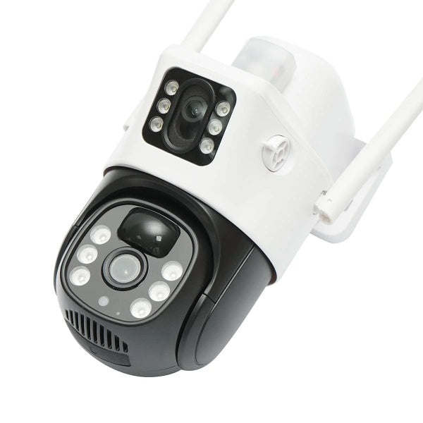 Cameră de Supraveghere Duală 4G cu Slot Cartelă SIM, 4K Ultra HD, Exterior, Rotativă PTZ, Vedere Nocturnă Color și Comunicare Bidirecțională