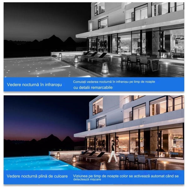 Cameră de Supraveghere Duală 4G cu Slot Cartelă SIM, 4K Ultra HD, Exterior, Rotativă PTZ, Vedere Nocturnă Color și Comunicare Bidirecțională