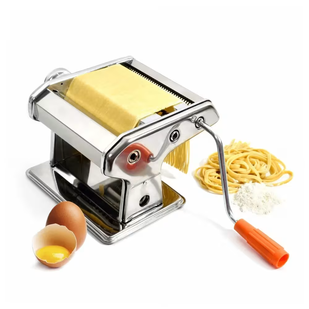 Mașină Manuală de Făcut Paste, Inox, Grosime Reglabilă, Rolă pentru Întins Aluat și Tăiere, Include Clemă de Fixare și Manivelă, Albastru Metalizat