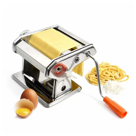 Mașină Manuală de Făcut Paste, Inox, Grosime Reglabilă, Rolă pentru Întins Aluat și Tăiere, Include Clemă de Fixare și Manivelă, Albastru Metalizat