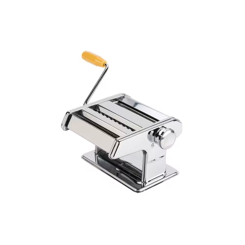 Mașină Manuală de Făcut Paste, Inox, Grosime Reglabilă, Rolă pentru Întins Aluat și Tăiere, Include Clemă de Fixare și Manivelă, Albastru Metalizat